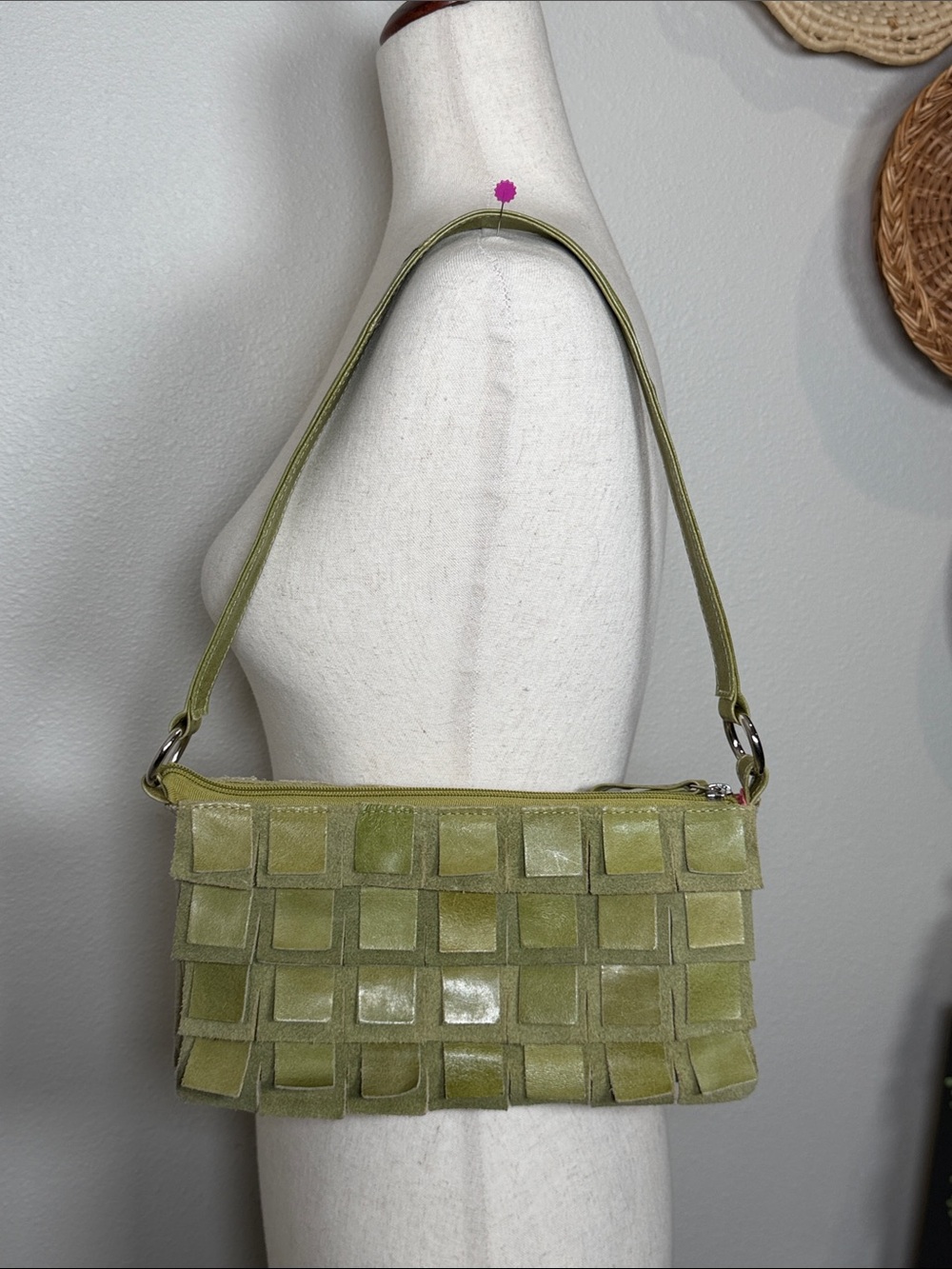 Vintage Green Basketweave Suede Leather Baguette Shoulder Bag Purse